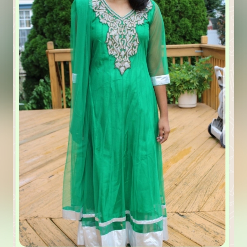 Elegant Green and White Embroidered Dress